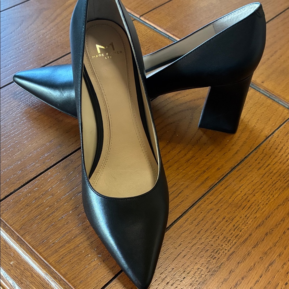 Marc Fisher Black Pointed-Toe Mid Block Heel Pumps
